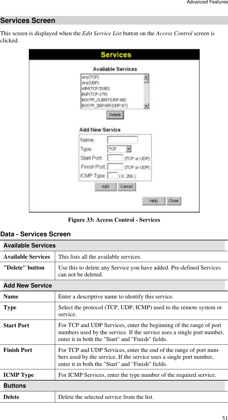 Advanced Features 51 Services Screen This screen is displayed when the Edit Service List button on the Access Control screen is clicked.  Figure 33: Access Control - Services Data - Services Screen Available Services Available Services This lists all the available services. &quot;Delete&quot; button  Use this to delete any Service you have added. Pre-defined Services can not be deleted. Add New Service Name Enter a descriptive name to identify this service. Type Select the protocol (TCP, UDP, ICMP) used to the remote system or service. Start Port  For TCP and UDP Services, enter the beginning of the range of port numbers used by the service. If the service uses a single port number, enter it in both the &quot;Start&quot; and &quot;Finish&quot; fields. Finish Port  For TCP and UDP Services, enter the end of the range of port num-bers used by the service. If the service uses a single port number, enter it in both the &quot;Start&quot; and &quot;Finish&quot; fields. ICMP Type For ICMP Services, enter the type number of the required service. Buttons Delete Delete the selected service from the list. 