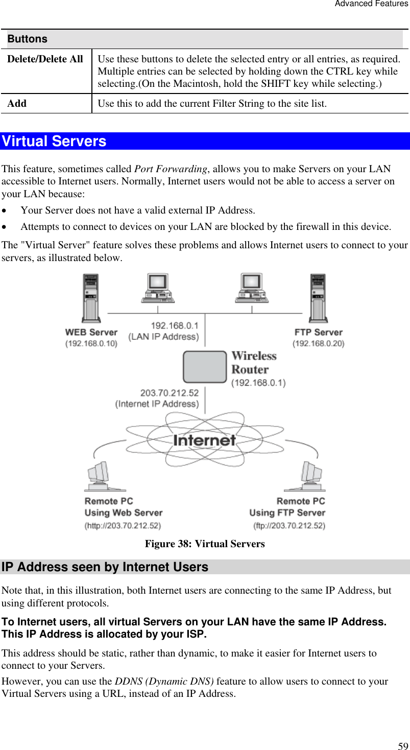 Advanced Features 59 Buttons Delete/Delete All  Use these buttons to delete the selected entry or all entries, as required. Multiple entries can be selected by holding down the CTRL key while selecting.(On the Macintosh, hold the SHIFT key while selecting.) Add  Use this to add the current Filter String to the site list.  Virtual Servers This feature, sometimes called Port Forwarding, allows you to make Servers on your LAN accessible to Internet users. Normally, Internet users would not be able to access a server on your LAN because: •  Your Server does not have a valid external IP Address. •  Attempts to connect to devices on your LAN are blocked by the firewall in this device. The &quot;Virtual Server&quot; feature solves these problems and allows Internet users to connect to your servers, as illustrated below.  Figure 38: Virtual Servers IP Address seen by Internet Users Note that, in this illustration, both Internet users are connecting to the same IP Address, but using different protocols. To Internet users, all virtual Servers on your LAN have the same IP Address. This IP Address is allocated by your ISP. This address should be static, rather than dynamic, to make it easier for Internet users to connect to your Servers. However, you can use the DDNS (Dynamic DNS) feature to allow users to connect to your Virtual Servers using a URL, instead of an IP Address. 