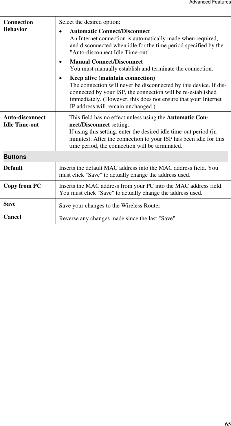 Advanced Features 65 Connection Behavior  Select the desired option: •  Automatic Connect/Disconnect An Internet connection is automatically made when required, and disconnected when idle for the time period specified by the &quot;Auto-disconnect Idle Time-out&quot;. •  Manual Connect/Disconnect  You must manually establish and terminate the connection. •  Keep alive (maintain connection) The connection will never be disconnected by this device. If dis-connected by your ISP, the connection will be re-established immediately. (However, this does not ensure that your Internet IP address will remain unchanged.) Auto-disconnect Idle Time-out  This field has no effect unless using the Automatic Con-nect/Disconnect setting.  If using this setting, enter the desired idle time-out period (in minutes). After the connection to your ISP has been idle for this time period, the connection will be terminated. Buttons Default  Inserts the default MAC address into the MAC address field. You must click &quot;Save&quot; to actually change the address used. Copy from PC  Inserts the MAC address from your PC into the MAC address field. You must click &quot;Save&quot; to actually change the address used. Save  Save your changes to the Wireless Router. Cancel  Reverse any changes made since the last &quot;Save&quot;.   