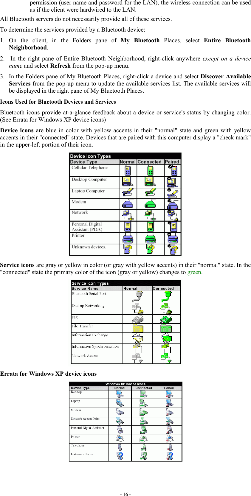 - 16 - permission (user name and password for the LAN), the wireless connection can be used as if the client were hardwired to the LAN. All Bluetooth servers do not necessarily provide all of these services.  To determine the services provided by a Bluetooth device: 1. On the client, in the Folders pane of My Bluetooth Places, select Entire Bluetooth Neighborhood. 2.   In the right pane of Entire Bluetooth Neighborhood, right-click anywhere except on a device name and select Refresh from the pop-up menu. 3.  In the Folders pane of My Bluetooth Places, right-click a device and select Discover Available Services from the pop-up menu to update the available services list. The available services will be displayed in the right pane of My Bluetooth Places. Icons Used for Bluetooth Devices and Services Bluetooth icons provide at-a-glance feedback about a device or service&apos;s status by changing color. (See Errata for Windows XP device icons) Device icons are blue in color with yellow accents in their &quot;normal&quot; state and green with yellow accents in their &quot;connected&quot; state. Devices that are paired with this computer display a &quot;check mark&quot; in the upper-left portion of their icon.  Service icons are gray or yellow in color (or gray with yellow accents) in their &quot;normal&quot; state. In the &quot;connected&quot; state the primary color of the icon (gray or yellow) changes to green.   Errata for Windows XP device icons  