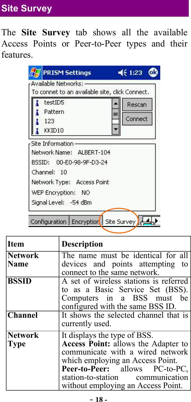  - 18 - Site Survey The  Site Survey tab shows all the available Access Points or Peer-to-Peer types and their features.   Item Description Network Name The name must be identical for all devices and points attempting to connect to the same network. BSSID  A set of wireless stations is referred to as a Basic Service Set (BSS). Computers in a BSS must be configured with the same BSS ID. Channel  It shows the selected channel that is currently used. Network Type It displays the type of BSS. Access Point: allows the Adapter to communicate with a wired network which employing an Access Point.   Peer-to-Peer:  allows PC-to-PC, station-to-station communication without employing an Access Point.