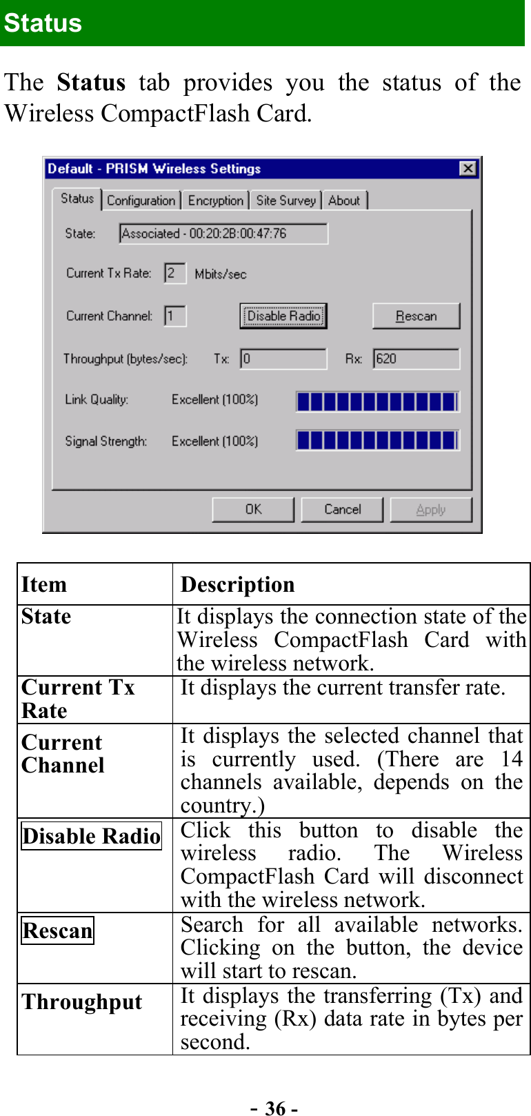  - 36 - Status The  Status tab provides you the status of the Wireless CompactFlash Card.  Item Description State  It displays the connection state of the Wireless CompactFlash Card with the wireless network. Current Tx Rate It displays the current transfer rate. Current Channel It displays the selected channel that is currently used. (There are 14 channels available, depends on the country.) Disable Radio  Click this button to disable the wireless radio. The Wireless CompactFlash Card will disconnect with the wireless network. Rescan  Search for all available networks. Clicking on the button, the device will start to rescan. Throughput  It displays the transferring (Tx) and receiving (Rx) data rate in bytes per second. 