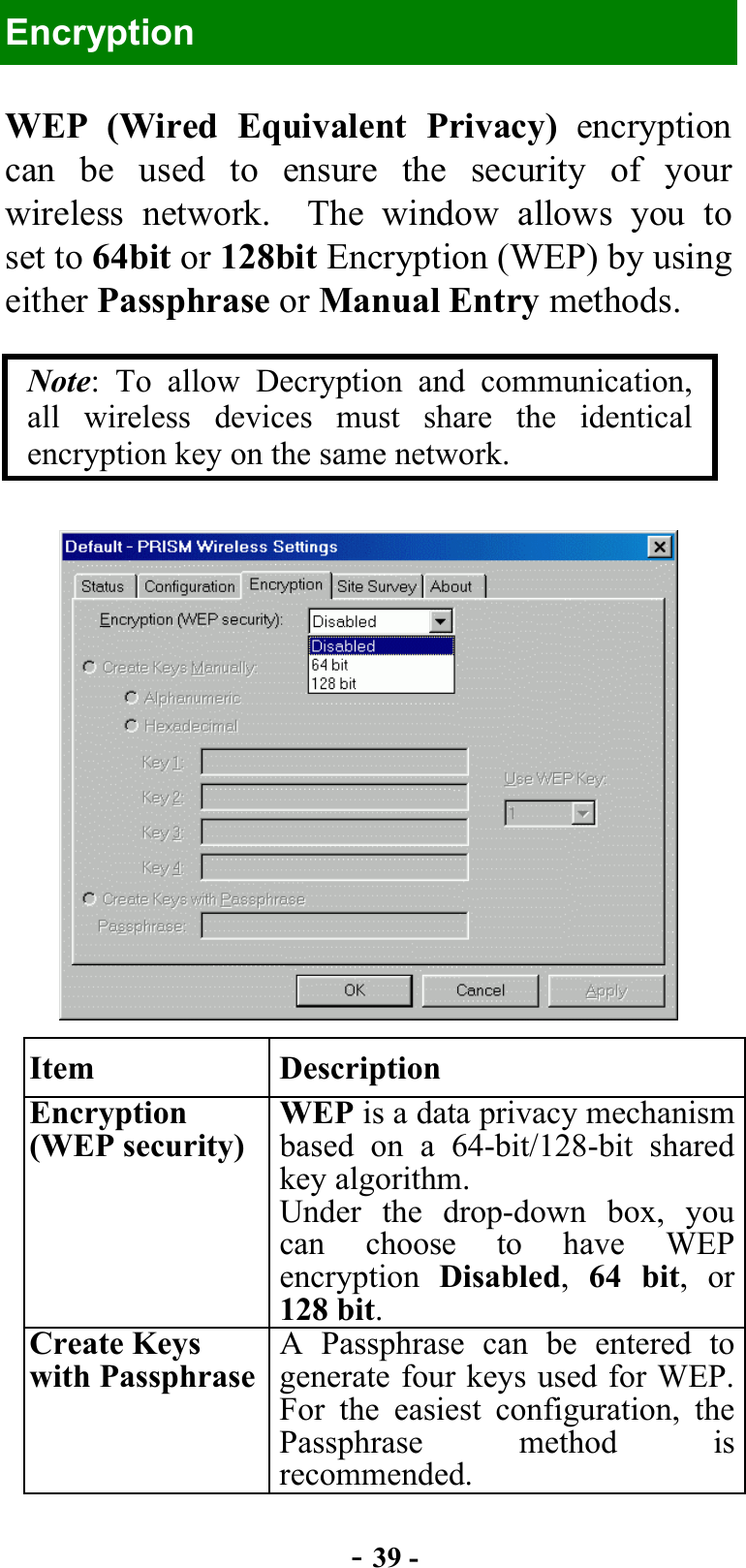  - 39 - Encryption WEP (Wired Equivalent Privacy) encryption can be used to ensure the security of your wireless network.  The window allows you to set to 64bit or 128bit Encryption (WEP) by using either Passphrase or Manual Entry methods.     Note: To allow Decryption and communication, all wireless devices must share the identical encryption key on the same network.  Item Description Encryption (WEP security)WEP is a data privacy mechanism based on a 64-bit/128-bit shared key algorithm. Under the drop-down box, you can choose to have WEP encryption  Disabled,  64 bit, or 128 bit. Create Keys with Passphrase A Passphrase can be entered to generate four keys used for WEP. For the easiest configuration, the Passphrase method is recommended. 