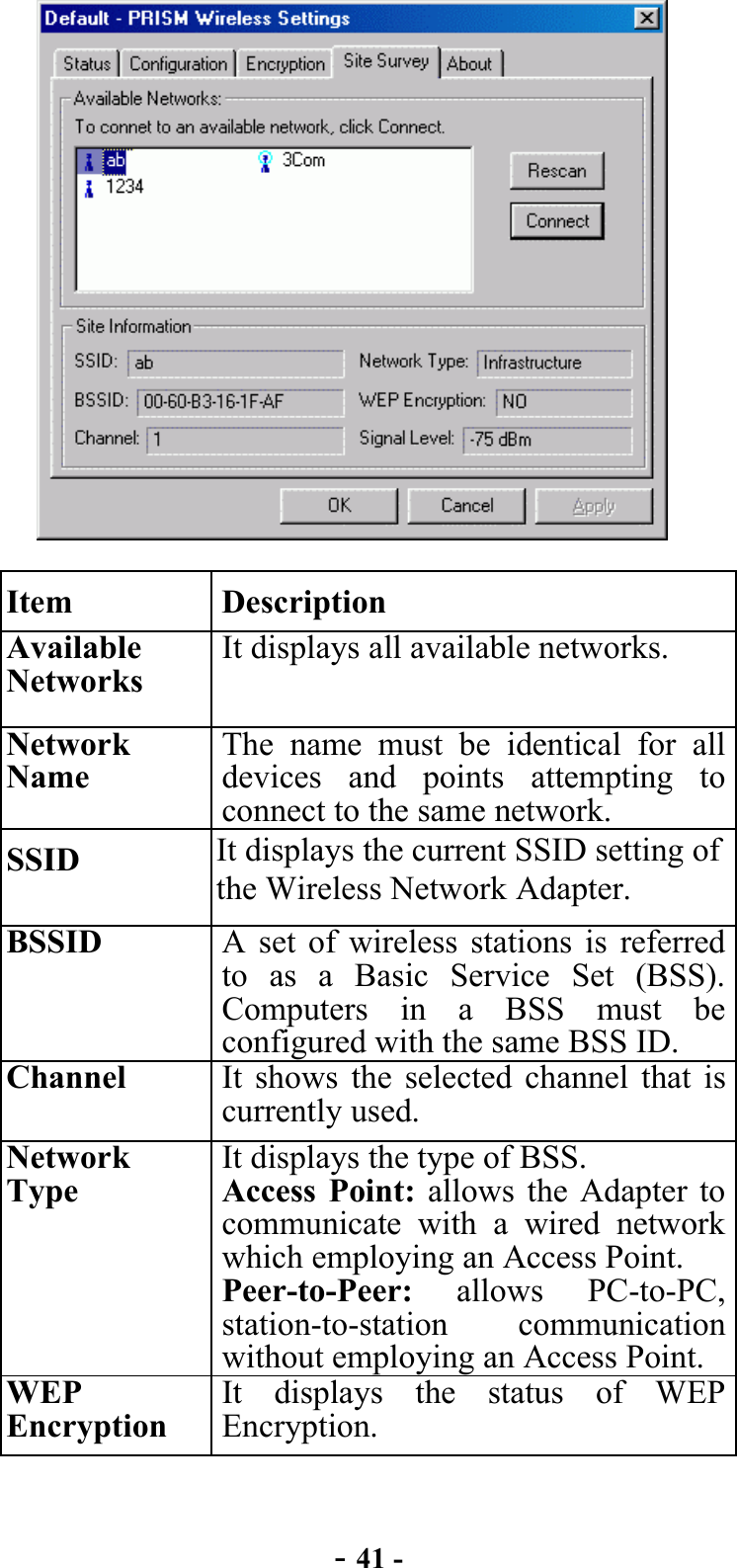  - 41 -  Item Description Available Networks It displays all available networks. Network Name The name must be identical for all devices and points attempting to connect to the same network. SSID  It displays the current SSID setting of the Wireless Network Adapter. BSSID  A set of wireless stations is referred to as a Basic Service Set (BSS). Computers in a BSS must be configured with the same BSS ID. Channel  It shows the selected channel that is currently used. Network Type It displays the type of BSS. Access Point: allows the Adapter to communicate with a wired network which employing an Access Point.   Peer-to-Peer:  allows PC-to-PC, station-to-station communication without employing an Access Point.WEP Encryption It displays the status of WEP Encryption. 