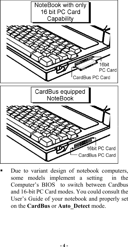     Due to variant design of notebook computers, some models implement a setting  in the Computer’s BIOS  to switch between Cardbus and 16-bit PC Card modes. You could consult the  User’s Guide of your notebook and properly set on the CardBus or Auto_Detect mode. - 4 - 