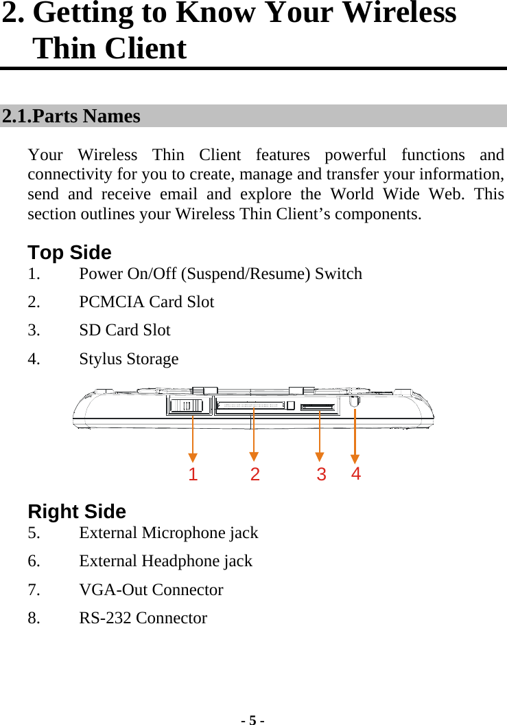 2. Getting to Know Your Wireless Thin Client 2.1. Parts Names  Your Wireless Thin Client features powerful functions and connectivity for you to create, manage and transfer your information, send and receive email and explore the World Wide Web. This section outlines your Wireless Thin Client’s components.  Top Side 1.  Power On/Off (Suspend/Resume) Switch 2.  PCMCIA Card Slot 3.  SD Card Slot 4. Stylus Storage 12 34 Right Side 5.  External Microphone jack 6.  External Headphone jack 7. VGA-Out Connector 8. RS-232 Connector - 5 - 