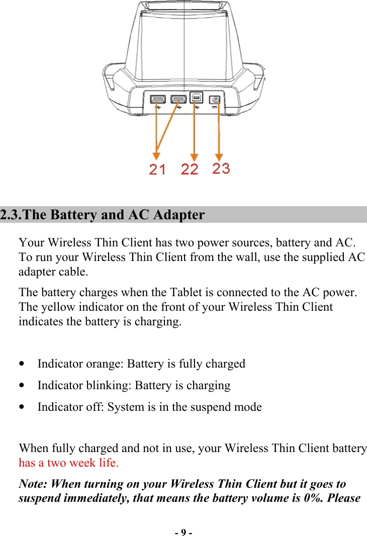 - 9 -  2.3. The Battery and AC Adapter Your Wireless Thin Client has two power sources, battery and AC.  To run your Wireless Thin Client from the wall, use the supplied AC adapter cable.    The battery charges when the Tablet is connected to the AC power.  The yellow indicator on the front of your Wireless Thin Client indicates the battery is charging.   •  Indicator orange: Battery is fully charged •  Indicator blinking: Battery is charging •  Indicator off: System is in the suspend mode  When fully charged and not in use, your Wireless Thin Client battery has a two week life. Note: When turning on your Wireless Thin Client but it goes to suspend immediately, that means the battery volume is 0%. Please 