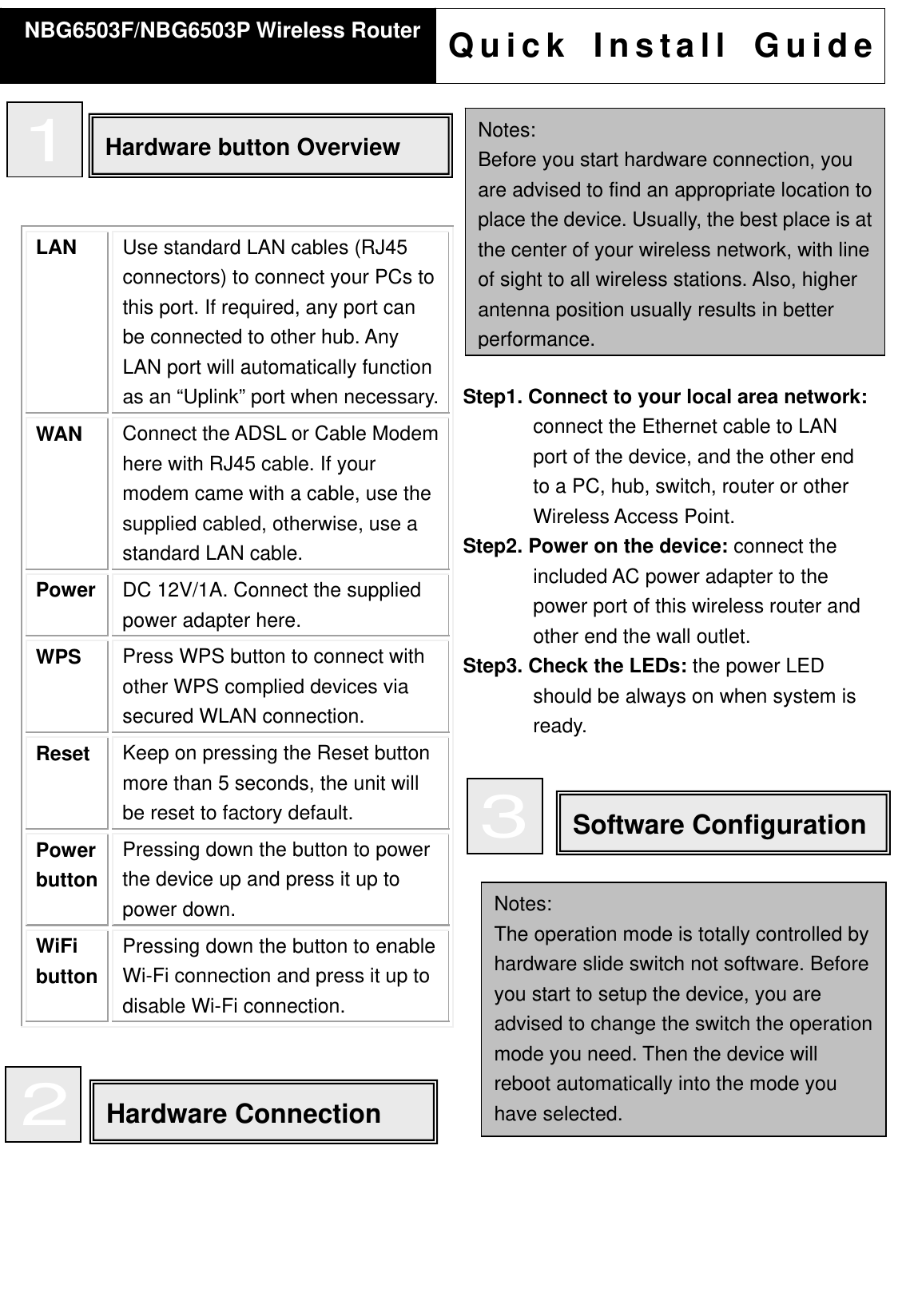      LAN  Use standard LAN cables (RJ45 connectors) to connect your PCs to this port. If required, any port can be connected to other hub. Any LAN port will automatically function as an “Uplink” port when necessary. WAN  Connect the ADSL or Cable Modem here with RJ45 cable. If your modem came with a cable, use the supplied cabled, otherwise, use a standard LAN cable.   Power  DC 12V/1A. Connect the supplied power adapter here. WPS  Press WPS button to connect with other WPS complied devices via secured WLAN connection. Reset  Keep on pressing the Reset button more than 5 seconds, the unit will be reset to factory default. Power button Pressing down the button to power the device up and press it up to power down. WiFi button Pressing down the button to enable Wi-Fi connection and press it up to disable Wi-Fi connection.           NBG6503F/NBG6503P Wireless Router  Quick Install Guide 1 Hardware button Overview Hardware Connection  2 Notes: Before you start hardware connection, you are advised to find an appropriate location to place the device. Usually, the best place is at the center of your wireless network, with line of sight to all wireless stations. Also, higher antenna position usually results in better performance.Step1. Connect to your local area network: connect the Ethernet cable to LAN port of the device, and the other end to a PC, hub, switch, router or other Wireless Access Point. Step2. Power on the device: connect the included AC power adapter to the power port of this wireless router and other end the wall outlet. Step3. Check the LEDs: the power LED should be always on when system is ready. Software Configuration  3 Notes: The operation mode is totally controlled by hardware slide switch not software. Before you start to setup the device, you are advised to change the switch the operation mode you need. Then the device will reboot automatically into the mode you have selected. 