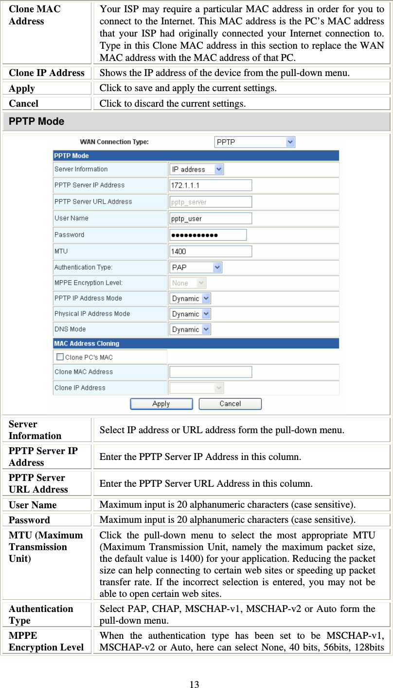   13Clone MAC Address Your ISP may require a particular MAC address in order for you to connect to the Internet. This MAC address is the PC’s MAC address that your ISP had originally connected your Internet connection to. Type in this Clone MAC address in this section to replace the WAN MAC address with the MAC address of that PC. Clone IP Address  Shows the IP address of the device from the pull-down menu. Apply  Click to save and apply the current settings. Cancel  Click to discard the current settings. PPTP Mode  Server Information  Select IP address or URL address form the pull-down menu. PPTP Server IP Address  Enter the PPTP Server IP Address in this column. PPTP Server URL Address  Enter the PPTP Server URL Address in this column. User Name   Maximum input is 20 alphanumeric characters (case sensitive). Password  Maximum input is 20 alphanumeric characters (case sensitive). MTU (Maximum Transmission Unit)  Click the pull-down menu to select the most appropriate MTU (Maximum Transmission Unit, namely the maximum packet size, the default value is 1400) for your application. Reducing the packet size can help connecting to certain web sites or speeding up packet transfer rate. If the incorrect selection is entered, you may not be able to open certain web sites. Authentication Type Select PAP, CHAP, MSCHAP-v1, MSCHAP-v2 or Auto form the pull-down menu. MPPE Encryption Level  When the authentication type has been set to be MSCHAP-v1, MSCHAP-v2 or Auto, here can select None, 40 bits, 56bits, 128bits 