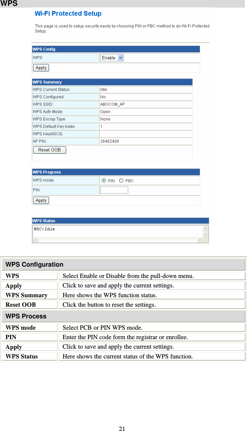   21WPS   WPS Configuration WPS  Select Enable or Disable from the pull-down menu. Apply  Click to save and apply the current settings. WPS Summary  Here shows the WPS function status. Reset OOB  Click the button to reset the settings. WPS Process WPS mode  Select PCB or PIN WPS mode. PIN  Enter the PIN code form the registrar or enrollee. Apply  Click to save and apply the current settings. WPS Status   Here shows the current status of the WPS function.  