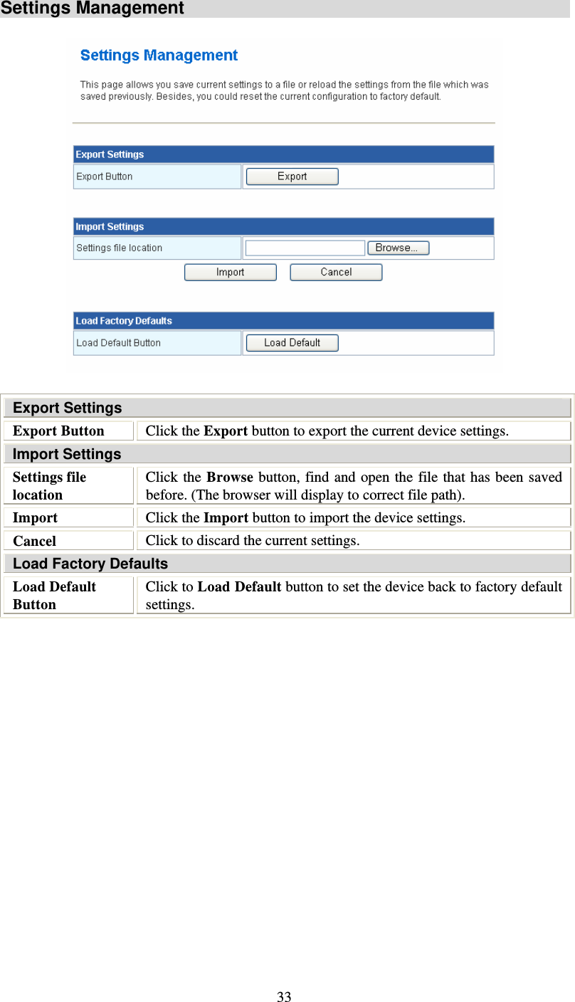   33Settings Management  Export Settings Export Button  Click the Export button to export the current device settings. Import Settings Settings file location Click the Browse button, find and open the file that has been saved before. (The browser will display to correct file path). Import  Click the Import button to import the device settings. Cancel  Click to discard the current settings. Load Factory Defaults Load Default Button Click to Load Default button to set the device back to factory default settings.  