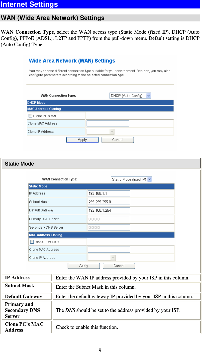   9Internet Settings  WAN (Wide Area Network) Settings WAN Connection Type, select the WAN access type (Static Mode (fixed IP), DHCP (Auto Config), PPPoE (ADSL), L2TP and PPTP) from the pull-down menu. Default setting is DHCP (Auto Config) Type.  Static Mode  IP Address  Enter the WAN IP address provided by your ISP in this column. Subnet Mask  Enter the Subnet Mask in this column. Default Gateway  Enter the default gateway IP provided by your ISP in this column. Primary and Secondary DNS Server The DNS should be set to the address provided by your ISP. Clone PC’s MAC Address  Check to enable this function. 