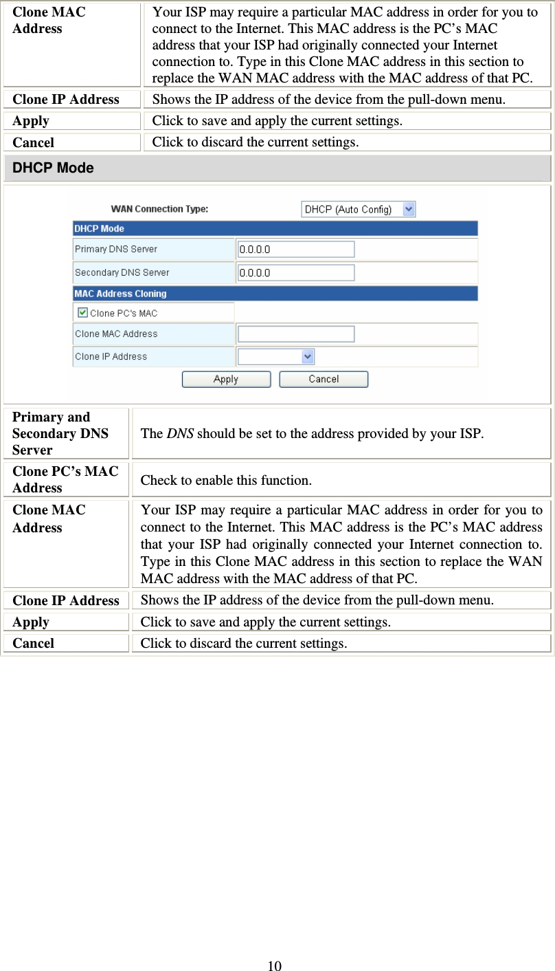   10Clone MAC Address Your ISP may require a particular MAC address in order for you to connect to the Internet. This MAC address is the PC’s MAC address that your ISP had originally connected your Internet connection to. Type in this Clone MAC address in this section to replace the WAN MAC address with the MAC address of that PC. Clone IP Address  Shows the IP address of the device from the pull-down menu. Apply  Click to save and apply the current settings. Cancel  Click to discard the current settings. DHCP Mode  Primary and Secondary DNS Server The DNS should be set to the address provided by your ISP. Clone PC’s MAC Address  Check to enable this function. Clone MAC Address Your ISP may require a particular MAC address in order for you to connect to the Internet. This MAC address is the PC’s MAC address that your ISP had originally connected your Internet connection to. Type in this Clone MAC address in this section to replace the WAN MAC address with the MAC address of that PC. Clone IP Address  Shows the IP address of the device from the pull-down menu. Apply  Click to save and apply the current settings. Cancel  Click to discard the current settings. 