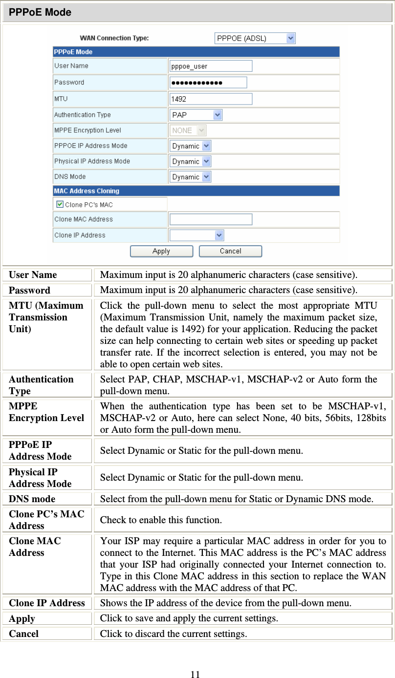   11 PPPoE Mode  User Name   Maximum input is 20 alphanumeric characters (case sensitive). Password   Maximum input is 20 alphanumeric characters (case sensitive). MTU (Maximum Transmission Unit)  Click the pull-down menu to select the most appropriate MTU (Maximum Transmission Unit, namely the maximum packet size, the default value is 1492) for your application. Reducing the packet size can help connecting to certain web sites or speeding up packet transfer rate. If the incorrect selection is entered, you may not be able to open certain web sites. Authentication Type Select PAP, CHAP, MSCHAP-v1, MSCHAP-v2 or Auto form the pull-down menu. MPPE Encryption Level  When the authentication type has been set to be MSCHAP-v1, MSCHAP-v2 or Auto, here can select None, 40 bits, 56bits, 128bits or Auto form the pull-down menu. PPPoE IP Address Mode  Select Dynamic or Static for the pull-down menu. Physical IP Address Mode  Select Dynamic or Static for the pull-down menu. DNS mode  Select from the pull-down menu for Static or Dynamic DNS mode. Clone PC’s MAC Address  Check to enable this function. Clone MAC Address Your ISP may require a particular MAC address in order for you to connect to the Internet. This MAC address is the PC’s MAC address that your ISP had originally connected your Internet connection to. Type in this Clone MAC address in this section to replace the WAN MAC address with the MAC address of that PC. Clone IP Address  Shows the IP address of the device from the pull-down menu. Apply  Click to save and apply the current settings. Cancel  Click to discard the current settings. 