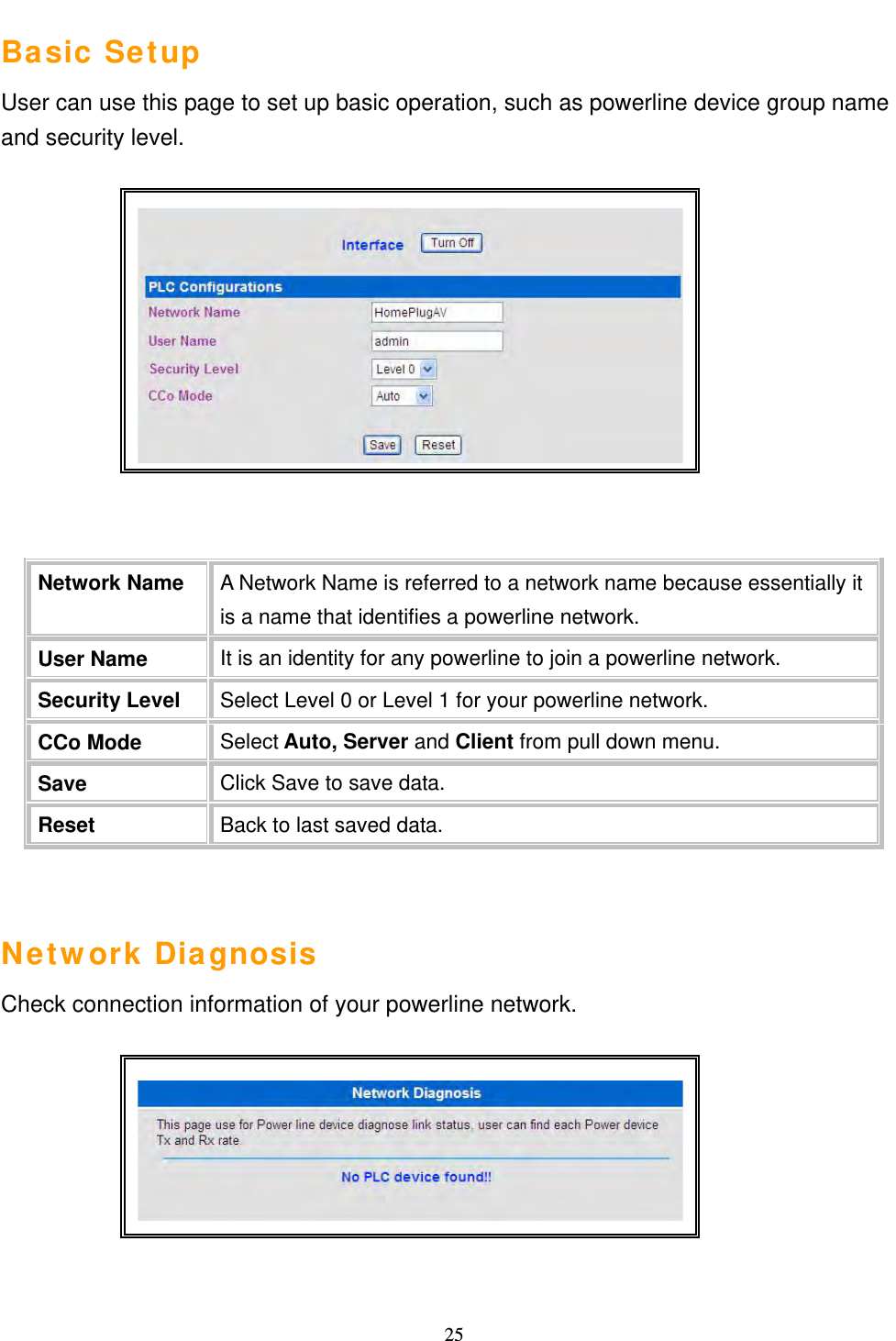  252.4 Power Line Communication Basic Setup User can use this page to set up basic operation, such as powerline device group name and security level.                Network Diagnosis Check connection information of your powerline network.           Network Name  A Network Name is referred to a network name because essentially it is a name that identifies a powerline network. User Name  It is an identity for any powerline to join a powerline network. Security Level  Select Level 0 or Level 1 for your powerline network. CCo Mode  Select Auto, Server and Client from pull down menu. Save  Click Save to save data.   Reset  Back to last saved data. 2.4 Power Line Communication 