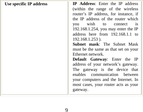 9 Use specific IP address  IP Address: Enter the IP address (within the range of the wireless router’s IP address, for instance, if the IP address of the router which you wish to connect is 192.168.1.254, you may enter the IP address here from 192.168.1.1 to 192.168.1.253 ). Subnet mask: The Subnet Mask must be the same as that set on your Ethernet network. Default Gateway: Enter the IP address of your network’s gateway. The gateway is the device that enables communication between your computers and the Internet. In most cases, your router acts as your gateway.  