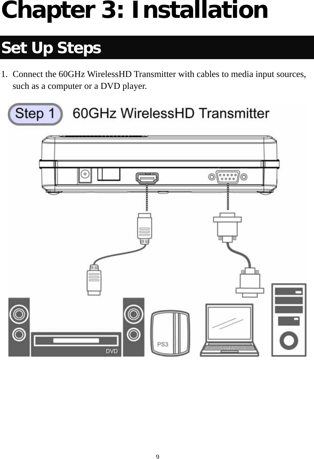  9Chapter 3: Installation Set Up Steps 1. Connect the 60GHz WirelessHD Transmitter with cables to media input sources, such as a computer or a DVD player.      