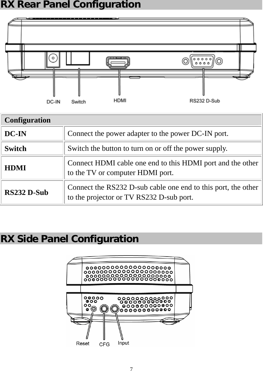  7 RX Rear Panel Configuration  Configuration DC-IN  Connect the power adapter to the power DC-IN port. Switch  Switch the button to turn on or off the power supply. HDMI  Connect HDMI cable one end to this HDMI port and the other to the TV or computer HDMI port. RS232 D-Sub  Connect the RS232 D-sub cable one end to this port, the other to the projector or TV RS232 D-sub port.   RX Side Panel Configuration  