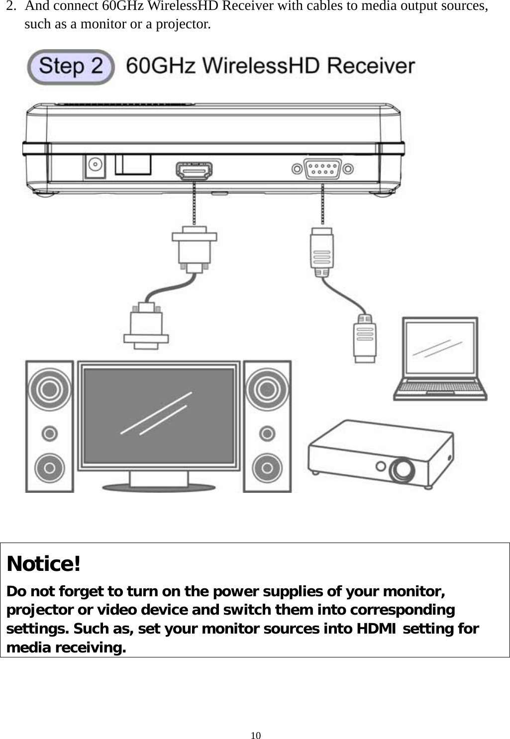  102. And connect 60GHz WirelessHD Receiver with cables to media output sources, such as a monitor or a projector.   Notice! Do not forget to turn on the power supplies of your monitor, projector or video device and switch them into corresponding settings. Such as, set your monitor sources into HDMI setting for media receiving. 