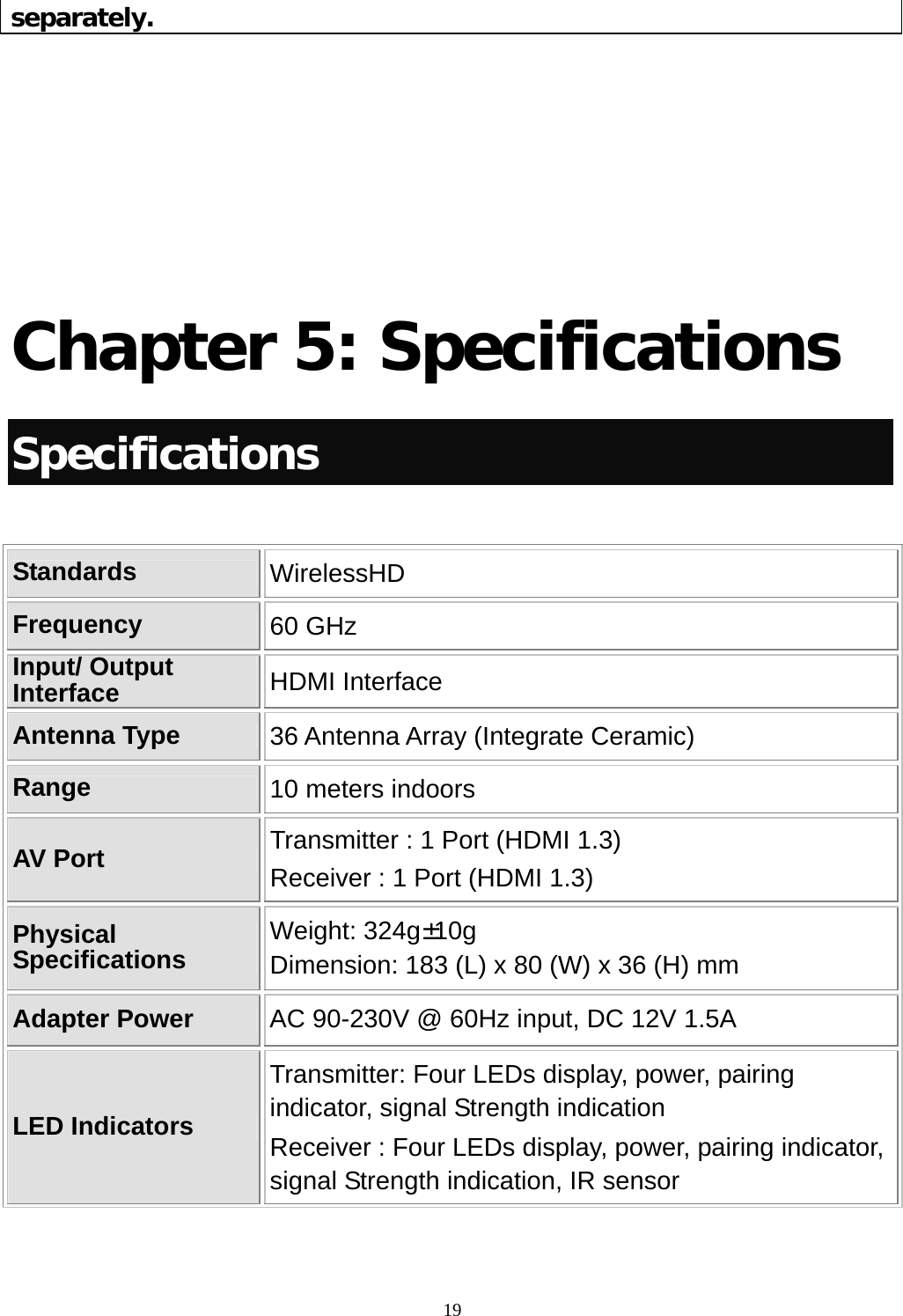  19separately.     Chapter 5: Specifications Specifications  Standards  WirelessHD Frequency  60 GHz Input/ Output Interface  HDMI Interface Antenna Type  36 Antenna Array (Integrate Ceramic) Range  10 meters indoors AV Port Transmitter : 1 Port (HDMI 1.3)   Receiver : 1 Port (HDMI 1.3)   Physical Specifications  Weight: 324g±10g Dimension: 183 (L) x 80 (W) x 36 (H) mm Adapter Power  AC 90-230V @ 60Hz input, DC 12V 1.5A LED Indicators Transmitter: Four LEDs display, power, pairing indicator, signal Strength indication Receiver : Four LEDs display, power, pairing indicator, signal Strength indication, IR sensor 