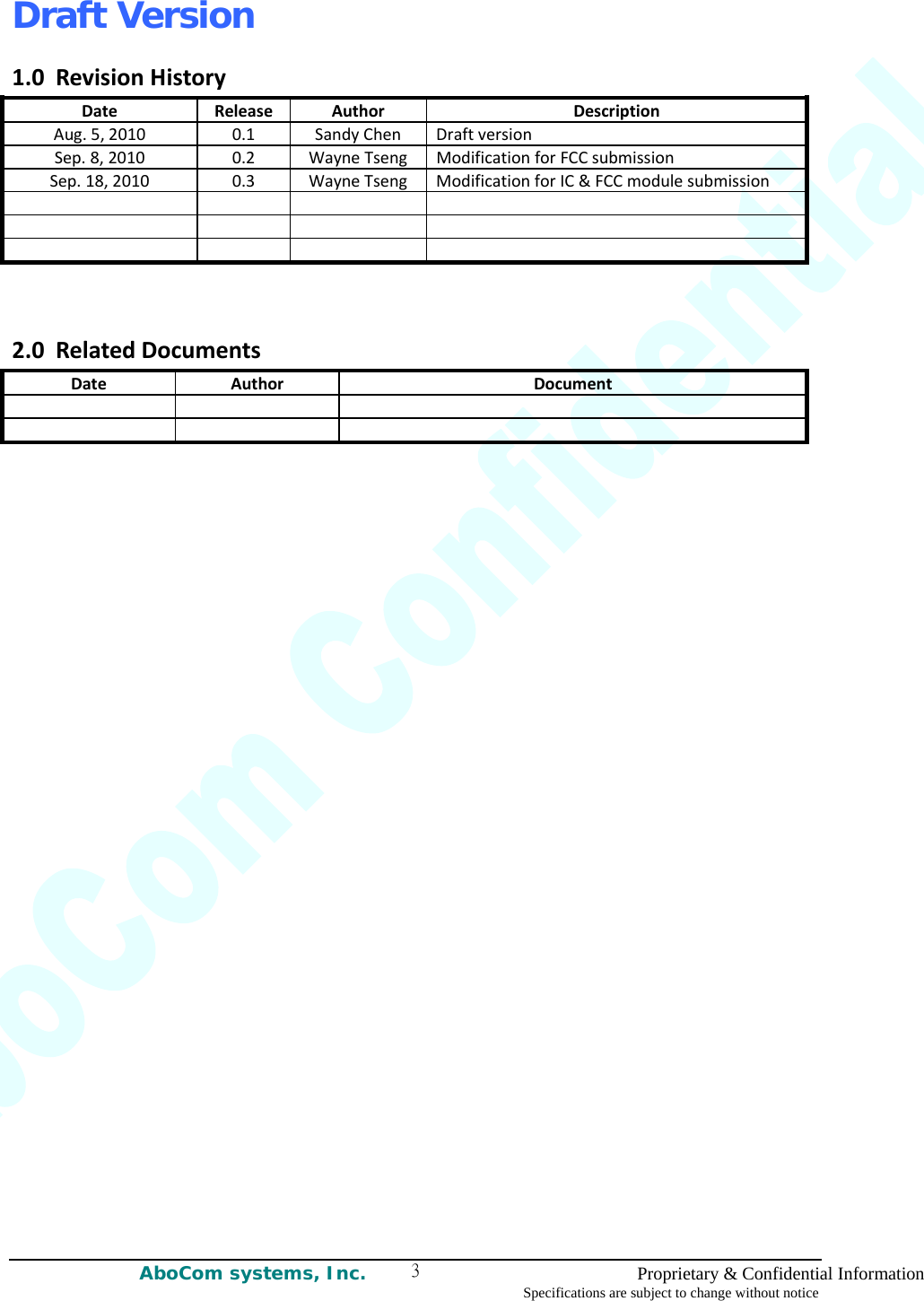Draft Version AboCom systems, Inc.    Proprietary &amp; Confidential Information Specifications are subject to change without notice 31.0RevisionHistoryDateReleaseAuthorDescriptionAug.5,20100.1SandyChenDraftversionSep.8,20100.2WayneTsengModificationforFCCsubmissionSep.18,20100.3WayneTsengModificationforIC&amp;FCCmodulesubmission2.0RelatedDocumentsDateAuthorDocument