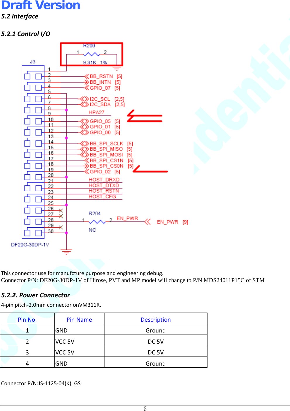 Draft Version                                                                          8  5.2Interface5.2.1ControlI/OThisconnectoruseformanufcturepurposeandengineeringdebug.Connector P/N: DF20G-30DP-1V of Hirose, PVT and MP model will change to P/N MDS24011P15C of STM5.2.2.PowerConnector4‐pinpitch‐2.0mmconnectoronVM311R.ConnectorP/N:JS‐1125‐04(K),GSPinNo.PinNameDescription1GNDGround2VCC5VDC5V3VCC5VDC5V4GNDGround