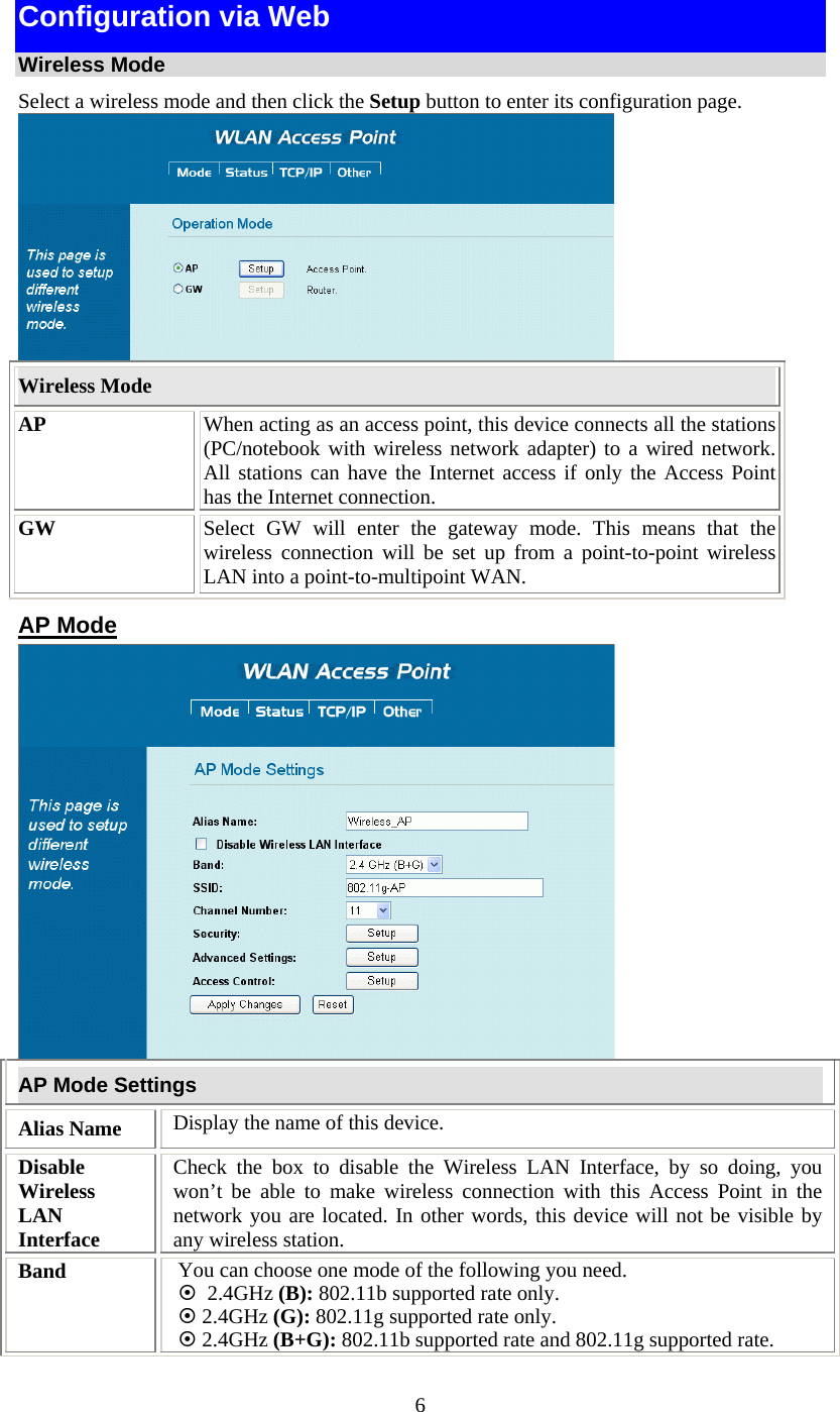  6 Configuration via Web Wireless Mode Select a wireless mode and then click the Setup button to enter its configuration page.   Wireless Mode AP  When acting as an access point, this device connects all the stations (PC/notebook with wireless network adapter) to a wired network. All stations can have the Internet access if only the Access Point has the Internet connection. GW  Select GW will enter the gateway mode. This means that the wireless connection will be set up from a point-to-point wireless LAN into a point-to-multipoint WAN. AP Mode  AP Mode Settings Alias Name  Display the name of this device. Disable Wireless LAN Interface Check the box to disable the Wireless LAN Interface, by so doing, you won’t be able to make wireless connection with this Access Point in the network you are located. In other words, this device will not be visible by any wireless station. Band  You can choose one mode of the following you need.      2.4GHz (B): 802.11b supported rate only.  2.4GHz (G): 802.11g supported rate only.   2.4GHz (B+G): 802.11b supported rate and 802.11g supported rate. 