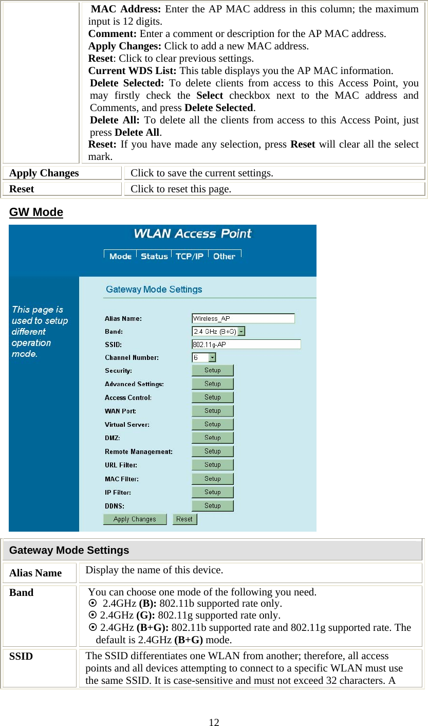   12 MAC Address: Enter the AP MAC address in this column; the maximum input is 12 digits.  Comment: Enter a comment or description for the AP MAC address. Apply Changes: Click to add a new MAC address. Reset: Click to clear previous settings. Current WDS List: This table displays you the AP MAC information. Delete Selected: To delete clients from access to this Access Point, you may firstly check the Select checkbox next to the MAC address and Comments, and press Delete Selected.  Delete All: To delete all the clients from access to this Access Point, just press Delete All. Reset: If you have made any selection, press Reset will clear all the select mark.   Apply Changes  Click to save the current settings. Reset  Click to reset this page. GW Mode  Gateway Mode Settings Alias Name  Display the name of this device. Band  You can choose one mode of the following you need.    ~  2.4GHz (B): 802.11b supported rate only. ~ 2.4GHz (G): 802.11g supported rate only.   ~ 2.4GHz (B+G): 802.11b supported rate and 802.11g supported rate. The default is 2.4GHz (B+G) mode. SSID  The SSID differentiates one WLAN from another; therefore, all access points and all devices attempting to connect to a specific WLAN must use the same SSID. It is case-sensitive and must not exceed 32 characters. A 