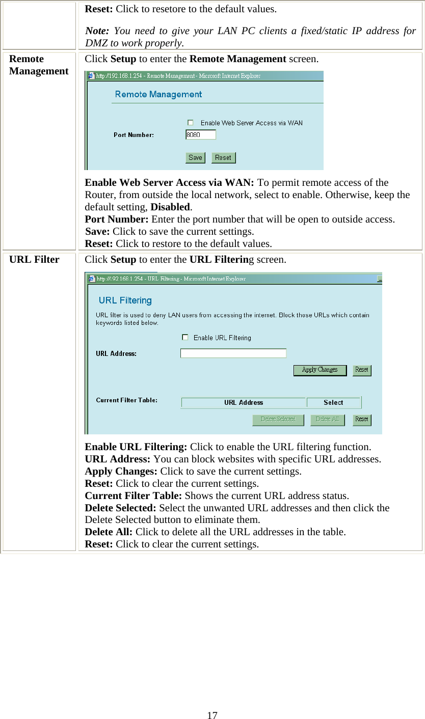   17Reset: Click to resetore to the default values.  Note:  You need to give your LAN PC clients a fixed/static IP address for DMZ to work properly. Remote Management  Click Setup to enter the Remote Management screen.  Enable Web Server Access via WAN: To permit remote access of the Router, from outside the local network, select to enable. Otherwise, keep the default setting, Disabled. Port Number: Enter the port number that will be open to outside access. Save: Click to save the current settings. Reset: Click to restore to the default values. URL Filter  Click Setup to enter the URL Filtering screen.  Enable URL Filtering: Click to enable the URL filtering function. URL Address: You can block websites with specific URL addresses.  Apply Changes: Click to save the current settings. Reset: Click to clear the current settings. Current Filter Table: Shows the current URL address status.  Delete Selected: Select the unwanted URL addresses and then click the Delete Selected button to eliminate them. Delete All: Click to delete all the URL addresses in the table. Reset: Click to clear the current settings. 