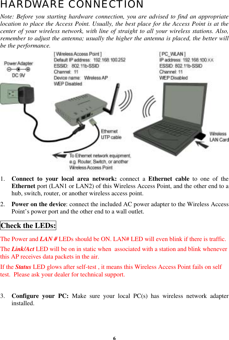  6HARDWARE CONNECTION Note: Before you starting hardware connection, you are advised to find an appropriate location to place the Access Point. Usually, the best place for the Access Point is at the center of your wireless network, with line of straight to all your wireless stations. Also, remember to adjust the antenna; usually the higher the antenna is placed, the better will be the performance.   1.  Connect to your local area network: connect a Ethernet cable to one of the Ethernet port (LAN1 or LAN2) of this Wireless Access Point, and the other end to a hub, switch, router, or another wireless access point. 2.  Power on the device: connect the included AC power adapter to the Wireless Access Point’s power port and the other end to a wall outlet.   Check the LEDs:  The Power and LAN # LEDs should be ON. LAN# LED will even blink if there is traffic.  The Link/Act LED will be on in static when  associated with a station and blink whenever this AP receives data packets in the air. If the Status LED glows after self-test , it means this Wireless Access Point fails on self test.  Please ask your dealer for technical support.  3.  Configure your PC: Make sure your local PC(s) has wireless network adapter installed.    