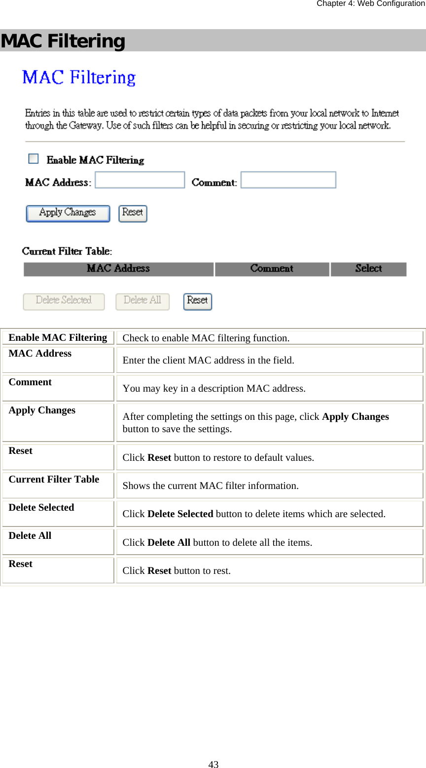   Chapter 4: Web Configuration  43MAC Filtering  Enable MAC Filtering  Check to enable MAC filtering function. MAC Address  Enter the client MAC address in the field.   Comment  You may key in a description MAC address. Apply Changes  After completing the settings on this page, click Apply Changes button to save the settings. Reset  Click Reset button to restore to default values. Current Filter Table  Shows the current MAC filter information. Delete Selected  Click Delete Selected button to delete items which are selected. Delete All  Click Delete All button to delete all the items. Reset  Click Reset button to rest.    