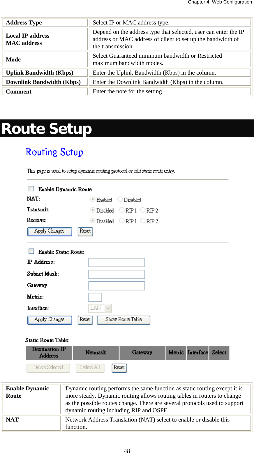   Chapter 4: Web Configuration  48Address Type  Select IP or MAC address type. Local IP address  MAC address Depend on the address type that selected, user can enter the IP address or MAC address of client to set up the bandwidth of the transmission. Mode  Select Guaranteed minimum bandwidth or Restricted maximum bandwidth modes. Uplink Bandwidth (Kbps)  Enter the Uplink Bandwidth (Kbps) in the column. Downlink Bandwidth (Kbps)  Enter the Downlink Bandwidth (Kbps) in the column. Comment  Enter the note for the setting.   Route Setup  Enable Dynamic Route  Dynamic routing performs the same function as static routing except it is more steady. Dynamic routing allows routing tables in routers to change as the possible routes change. There are several protocols used to support dynamic routing including RIP and OSPF. NAT  Network Address Translation (NAT) select to enable or disable this function. 