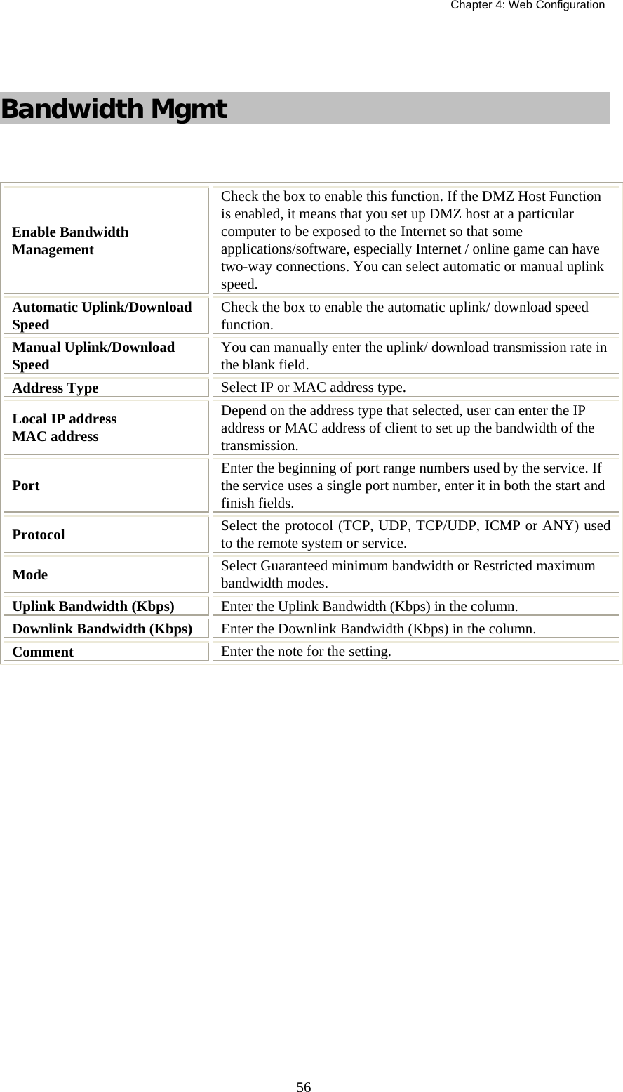   Chapter 4: Web Configuration  56   Bandwidth Mgmt  Enable Bandwidth Management Check the box to enable this function. If the DMZ Host Function is enabled, it means that you set up DMZ host at a particular computer to be exposed to the Internet so that some applications/software, especially Internet / online game can have two-way connections. You can select automatic or manual uplink speed. Automatic Uplink/Download Speed  Check the box to enable the automatic uplink/ download speed function. Manual Uplink/Download Speed  You can manually enter the uplink/ download transmission rate in the blank field. Address Type  Select IP or MAC address type. Local IP address  MAC address Depend on the address type that selected, user can enter the IP address or MAC address of client to set up the bandwidth of the transmission. Port   Enter the beginning of port range numbers used by the service. If the service uses a single port number, enter it in both the start and finish fields. Protocol  Select the protocol (TCP, UDP, TCP/UDP, ICMP or ANY) used to the remote system or service. Mode  Select Guaranteed minimum bandwidth or Restricted maximum bandwidth modes. Uplink Bandwidth (Kbps)  Enter the Uplink Bandwidth (Kbps) in the column. Downlink Bandwidth (Kbps)  Enter the Downlink Bandwidth (Kbps) in the column. Comment  Enter the note for the setting.   