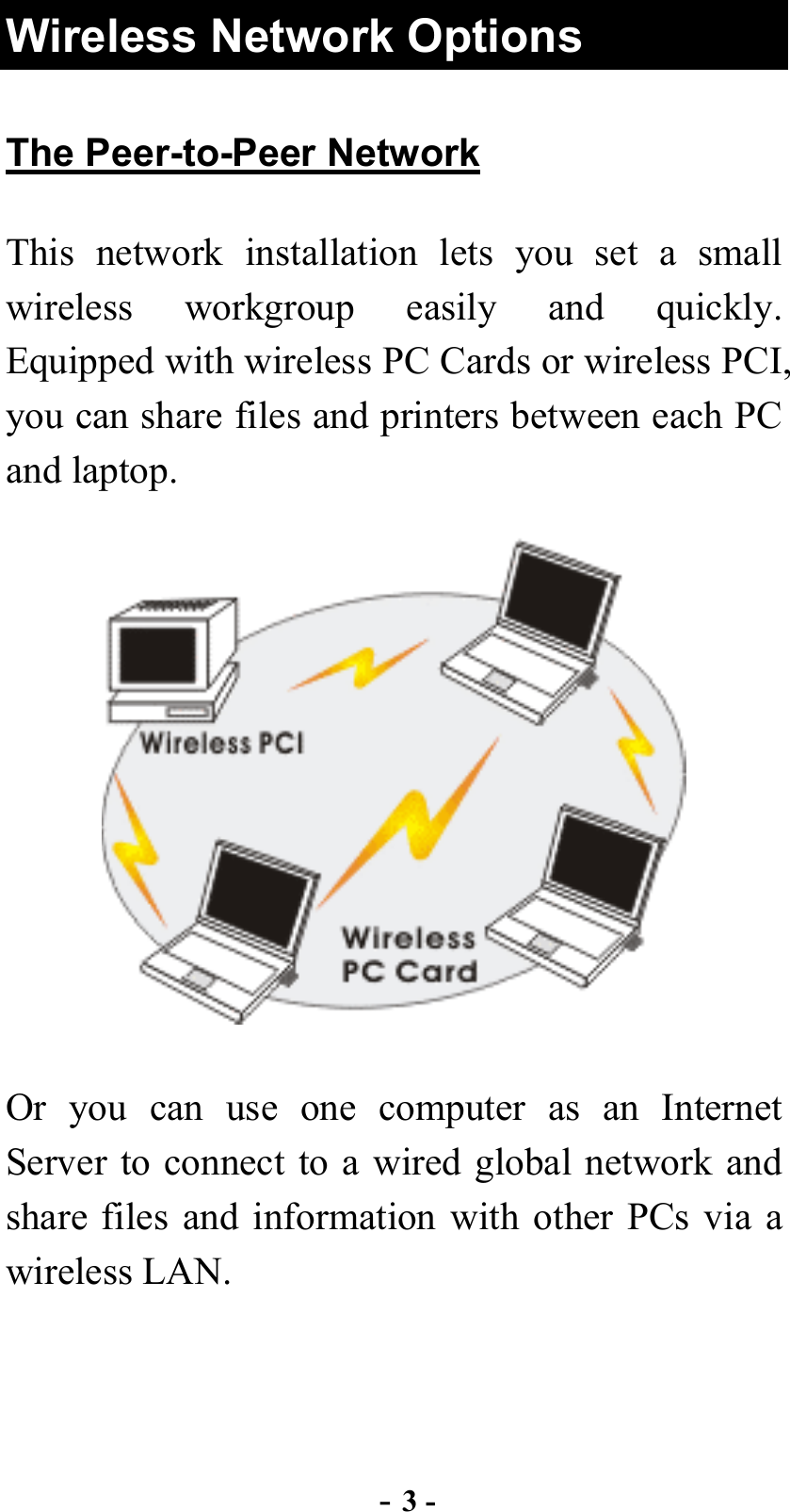  - 3 - Wireless Network Options The Peer-to-Peer Network This network installation lets you set a small wireless workgroup easily and quickly.  Equipped with wireless PC Cards or wireless PCI, you can share files and printers between each PC and laptop.  Or you can use one computer as an Internet Server to connect to a wired global network and share files and information with other PCs via a wireless LAN. 