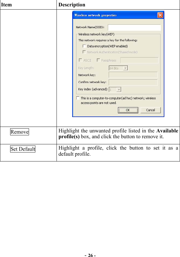  - 26 - Item Description   Remove  Highlight the unwanted profile listed in the Available profile(s) box, and click the button to remove it. Set Default  Highlight a profile, click the button to set it as a default profile.     