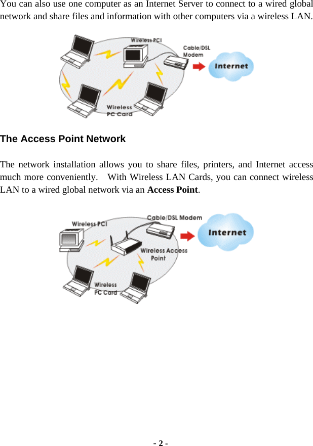  - 2 - You can also use one computer as an Internet Server to connect to a wired global network and share files and information with other computers via a wireless LAN.  The Access Point Network The network installation allows you to share files, printers, and Internet access much more conveniently.    With Wireless LAN Cards, you can connect wireless LAN to a wired global network via an Access Point.  