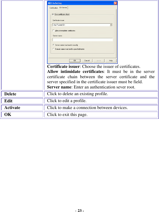  - 23 -   Certificate issuer: Choose the issuer of certificates. Allow intimidate certificates: It must be in the server certificate chain between the server certificate and the server specified in the certificate issuer must be field. Server name: Enter an authentication sever root. Delete  Click to delete an existing profile. Edit  Click to edit a profile. Activate  Click to make a connection between devices. OK  Click to exit this page.  