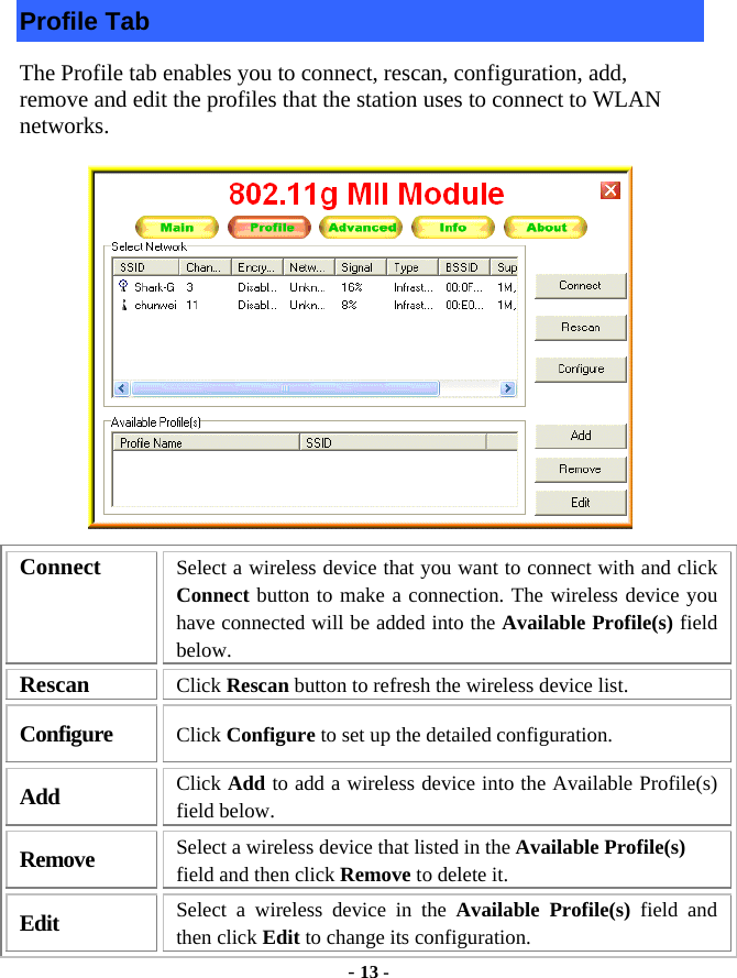  - 13 - Profile Tab The Profile tab enables you to connect, rescan, configuration, add, remove and edit the profiles that the station uses to connect to WLAN networks.  Connect  Select a wireless device that you want to connect with and click Connect button to make a connection. The wireless device you have connected will be added into the Available Profile(s) field below. Rescan  Click Rescan button to refresh the wireless device list. Configure  Click Configure to set up the detailed configuration. Add  Click Add to add a wireless device into the Available Profile(s) field below. Remove  Select a wireless device that listed in the Available Profile(s) field and then click Remove to delete it. Edit  Select a wireless device in the Available Profile(s) field and then click Edit to change its configuration.   