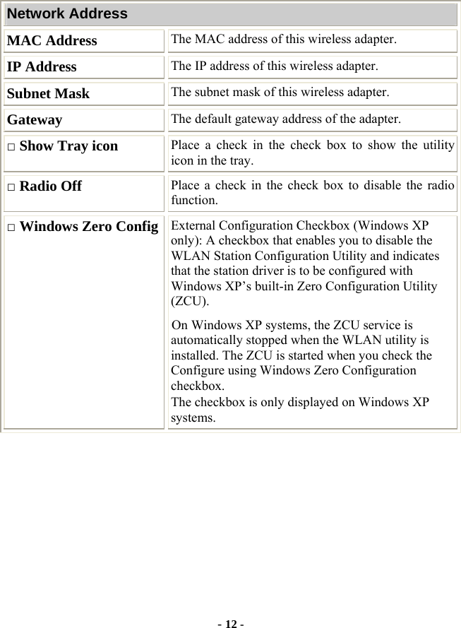  - 12 - Network Address MAC Address  The MAC address of this wireless adapter. IP Address  The IP address of this wireless adapter. Subnet Mask  The subnet mask of this wireless adapter. Gateway  The default gateway address of the adapter. □ Show Tray icon  Place a check in the check box to show the utility icon in the tray. □ Radio Off  Place a check in the check box to disable the radio function. □ Windows Zero Config External Configuration Checkbox (Windows XP only): A checkbox that enables you to disable the WLAN Station Configuration Utility and indicates that the station driver is to be configured with Windows XP’s built-in Zero Configuration Utility (ZCU). On Windows XP systems, the ZCU service is automatically stopped when the WLAN utility is installed. The ZCU is started when you check the Configure using Windows Zero Configuration checkbox.  The checkbox is only displayed on Windows XP systems.     