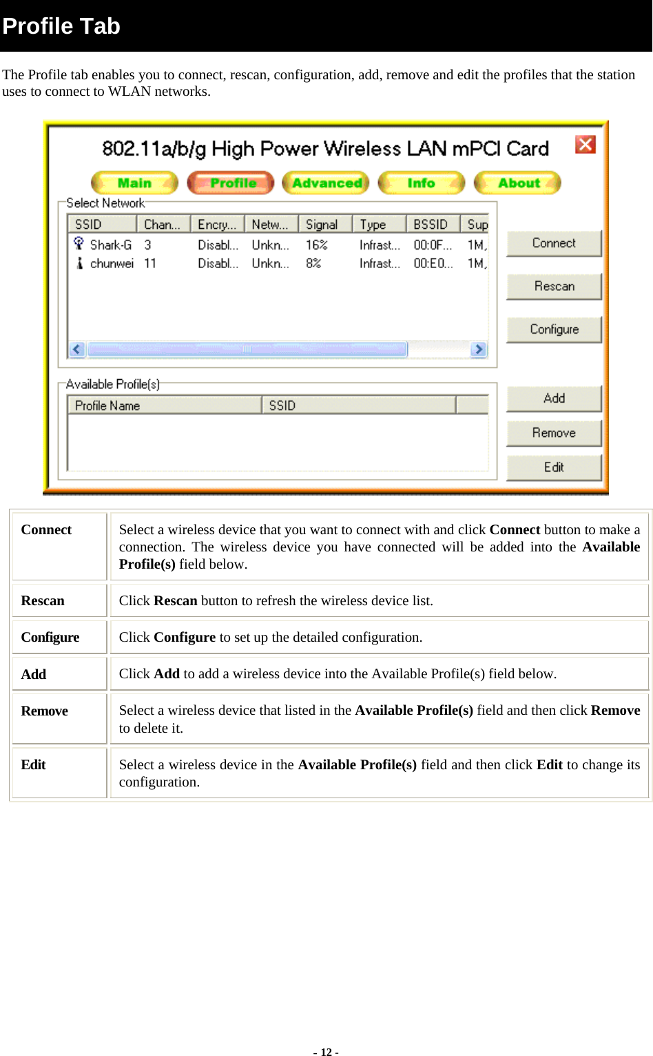  - 12 - Profile Tab The Profile tab enables you to connect, rescan, configuration, add, remove and edit the profiles that the station uses to connect to WLAN networks.  Connect  Select a wireless device that you want to connect with and click Connect button to make a connection. The wireless device you have connected will be added into the Available Profile(s) field below. Rescan  Click Rescan button to refresh the wireless device list. Configure  Click Configure to set up the detailed configuration. Add  Click Add to add a wireless device into the Available Profile(s) field below. Remove  Select a wireless device that listed in the Available Profile(s) field and then click Remove to delete it. Edit  Select a wireless device in the Available Profile(s) field and then click Edit to change its configuration.  