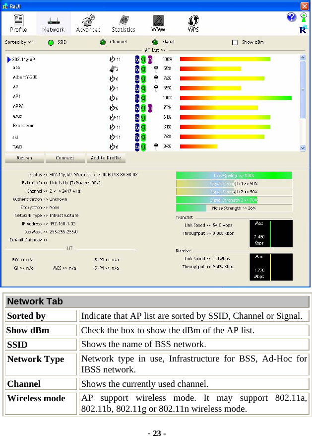  - 23 -  Network Tab Sorted by Indicate that AP list are sorted by SSID, Channel or Signal. Show dBm  Check the box to show the dBm of the AP list. SSID  Shows the name of BSS network. Network Type Network type in use, Infrastructure for BSS, Ad-Hoc for IBSS network. Channel  Shows the currently used channel. Wireless mode  AP support wireless mode. It may support 802.11a, 802.11b, 802.11g or 802.11n wireless mode. 
