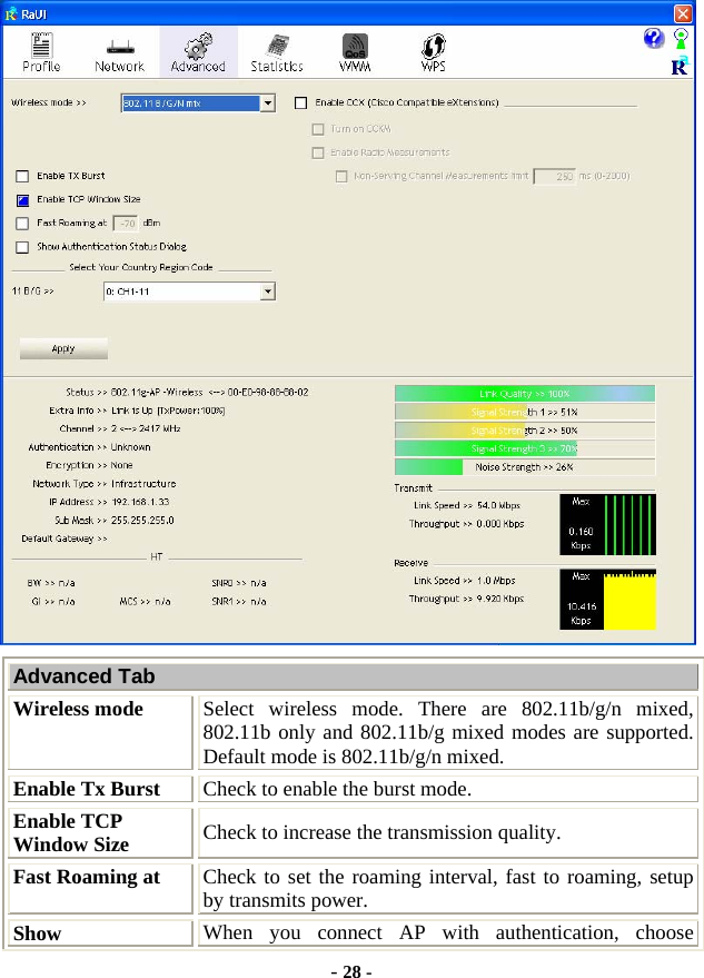  - 28 -  Advanced Tab Wireless mode  Select wireless mode. There are 802.11b/g/n mixed, 802.11b only and 802.11b/g mixed modes are supported. Default mode is 802.11b/g/n mixed. Enable Tx Burst  Check to enable the burst mode. Enable TCP Window Size  Check to increase the transmission quality.  Fast Roaming at  Check to set the roaming interval, fast to roaming, setup by transmits power. Show  When you connect AP with authentication, choose 