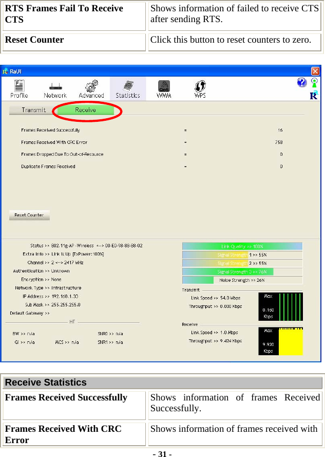  - 31 - RTS Frames Fail To Receive CTS  Shows information of failed to receive CTS after sending RTS. Reset Counter  Click this button to reset counters to zero.  Receive Statistics Frames Received Successfully  Shows information of frames Received Successfully. Frames Received With CRC Error  Shows information of frames received with 