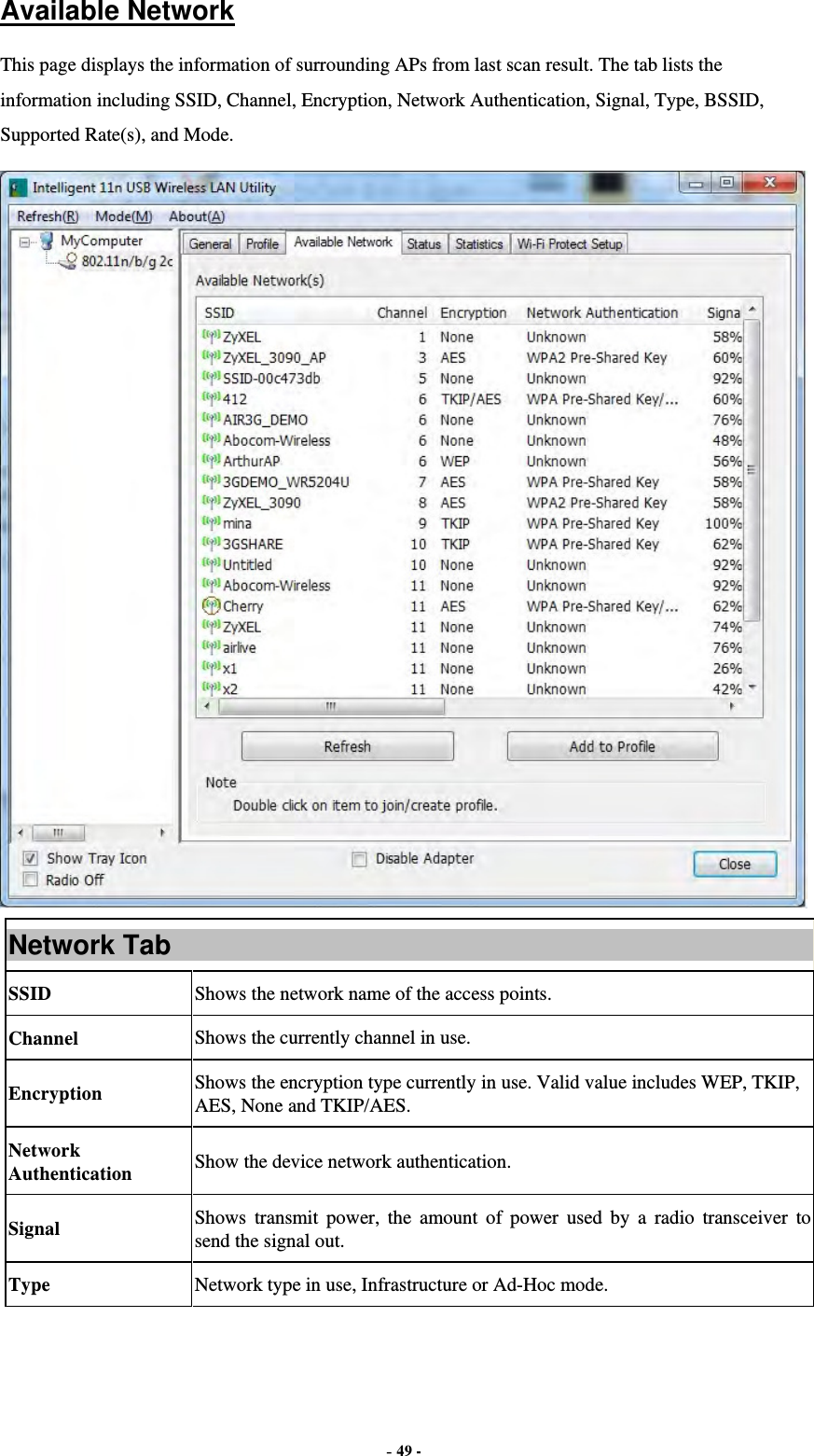  - 49 - Available Network This page displays the information of surrounding APs from last scan result. The tab lists the information including SSID, Channel, Encryption, Network Authentication, Signal, Type, BSSID, Supported Rate(s), and Mode.  Network Tab SSID  Shows the network name of the access points. Channel  Shows the currently channel in use. Encryption  Shows the encryption type currently in use. Valid value includes WEP, TKIP, AES, None and TKIP/AES. Network Authentication  Show the device network authentication. Signal  Shows transmit power, the amount of power used by a radio transceiver to send the signal out. Type Network type in use, Infrastructure or Ad-Hoc mode. 