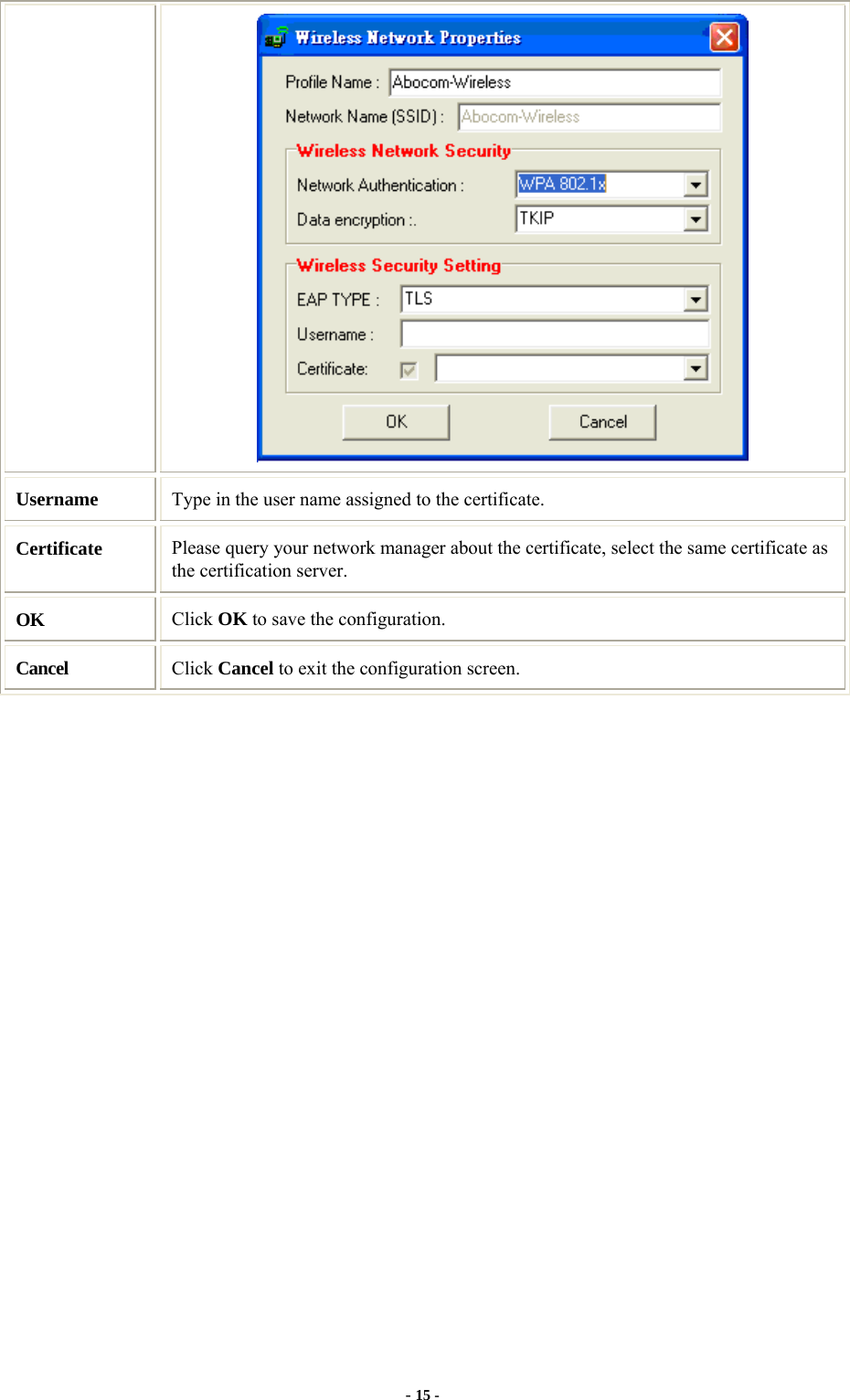 - 15 -  Username  Type in the user name assigned to the certificate. Certificate  Please query your network manager about the certificate, select the same certificate as the certification server. OK  Click OK to save the configuration. Cancel  Click Cancel to exit the configuration screen.                 
