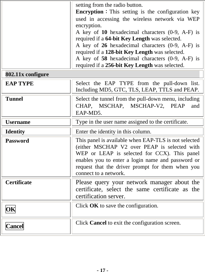  - 17 - setting from the radio button. Encryption：This setting is the configuration key used in accessing the wireless network via WEP encryption. A key of 10 hexadecimal characters (0-9, A-F) is required if a 64-bit Key Length was selected.   A key of 26 hexadecimal characters (0-9, A-F) is required if a 128-bit Key Length was selected. A key of 58 hexadecimal characters (0-9, A-F) is required if a 256-bit Key Length was selected. 802.11x configure EAP TYPE  Select the EAP TYPE from the pull-down list. Including MD5, GTC, TLS, LEAP, TTLS and PEAP. Tunnel  Select the tunnel from the pull-down menu, including CHAP, MSCHAP, MSCHAP-V2, PEAP and EAP-MD5. Username  Type in the user name assigned to the certificate. Identity  Enter the identity in this column. Password  This panel is available when EAP-TLS is not selected (either MSCHAP V2 over PEAP is selected with WEP or LEAP is selected for CCX). This panel enables you to enter a login name and password or request that the driver prompt for them when you connect to a network. Certificate  Please query your network manager about the certificate, select the same certificate as the certification server. OK Click OK to save the configuration. Cancel Click Cancel to exit the configuration screen.  