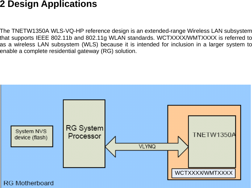 2 Design Applications   The TNETW1350A WLS-VQ-HP reference design is an extended-range Wireless LAN subsystem that supports IEEE 802.11b and 802.11g WLAN standards. WCTXXXX/WMTXXXX is referred to as a wireless LAN subsystem (WLS) because it is intended for inclusion in a larger system to enable a complete residential gateway (RG) solution.    WCTXXXX/WMTXXXX   