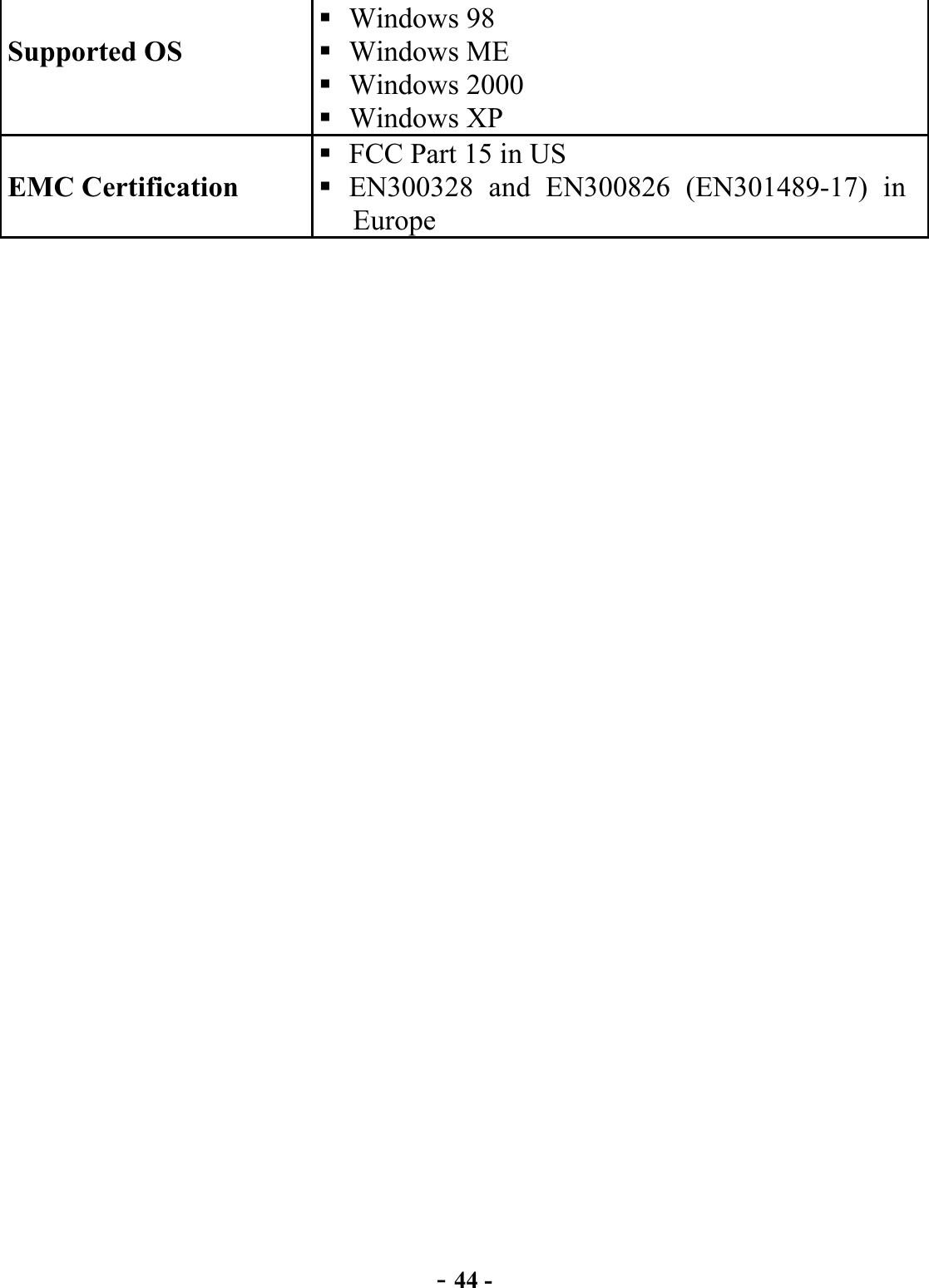  - 44 - Supported OS   Windows 98  Windows ME  Windows 2000  Windows XP EMC Certification  FCC Part 15 in US  EN300328 and EN300826 (EN301489-17) in Europe  