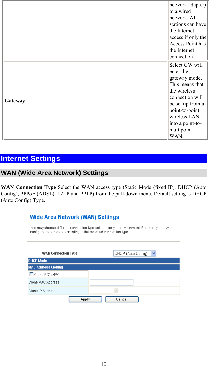   10network adapter) to a wired network. All stations can have the Internet access if only the Access Point has the Internet connection. Gateway Select GW will enter the gateway mode. This means that the wireless connection will be set up from a point-to-point wireless LAN into a point-to-multipoint WAN.  Internet Settings  WAN (Wide Area Network) Settings WAN Connection Type Select the WAN access type (Static Mode (fixed IP), DHCP (Auto Config), PPPoE (ADSL), L2TP and PPTP) from the pull-down menu. Default setting is DHCP (Auto Config) Type.  