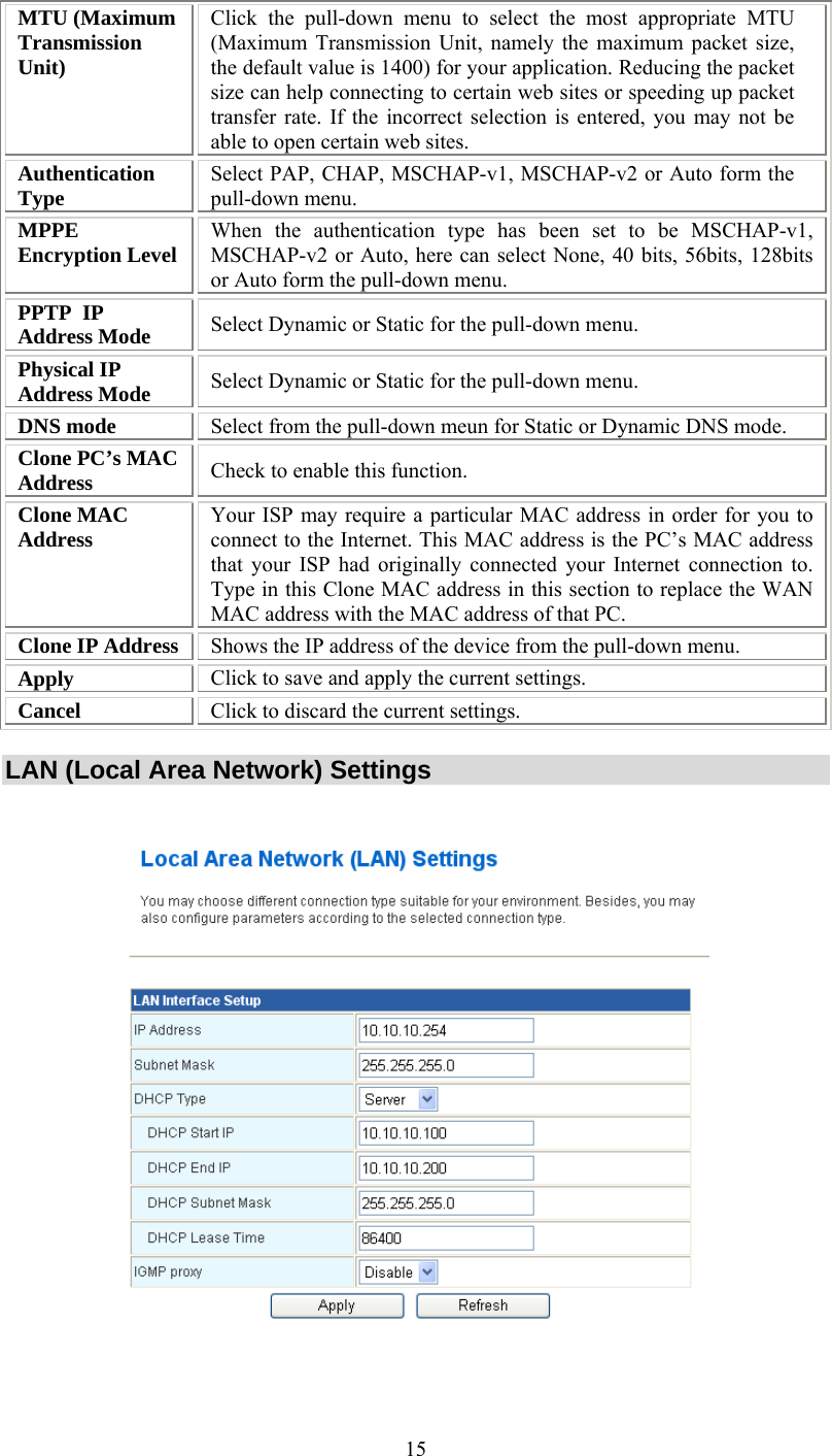   15MTU (Maximum Transmission Unit)  Click the pull-down menu to select the most appropriate MTU (Maximum Transmission Unit, namely the maximum packet size, the default value is 1400) for your application. Reducing the packet size can help connecting to certain web sites or speeding up packet transfer rate. If the incorrect selection is entered, you may not be able to open certain web sites. Authentication Type  Select PAP, CHAP, MSCHAP-v1, MSCHAP-v2 or Auto form the pull-down menu. MPPE Encryption Level   When the authentication type has been set to be MSCHAP-v1, MSCHAP-v2 or Auto, here can select None, 40 bits, 56bits, 128bits or Auto form the pull-down menu. PPTP  IP Address Mode  Select Dynamic or Static for the pull-down menu. Physical IP Address Mode  Select Dynamic or Static for the pull-down menu. DNS mode  Select from the pull-down meun for Static or Dynamic DNS mode. Clone PC’s MAC Address  Check to enable this function. Clone MAC Address  Your ISP may require a particular MAC address in order for you to connect to the Internet. This MAC address is the PC’s MAC address that your ISP had originally connected your Internet connection to. Type in this Clone MAC address in this section to replace the WAN MAC address with the MAC address of that PC. Clone IP Address  Shows the IP address of the device from the pull-down menu. Apply  Click to save and apply the current settings. Cancel  Click to discard the current settings.  LAN (Local Area Network) Settings    